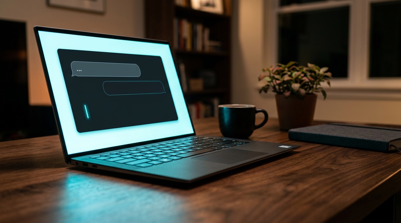 Laptop ouvert sur un bureau en bois sombre, écran affichant une interface de chatbot minimaliste avec bulles de message, lumière cyan